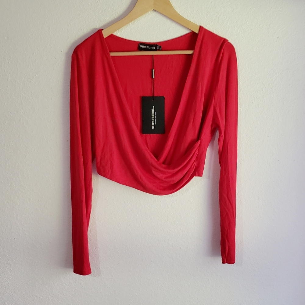 NWT Pretty Little Thing Red Jersey Wrap Crop Top Long Sleeves Size 10